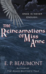 Cover design for Reincarnations of Miss Anne: feathered wing spreads over night ocean. Tag: "Once is never enough"